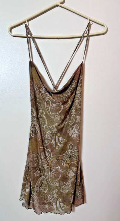 Unbranded Dresses & Skirts - Y2K Brown Paisley Satin Slip Dress Womens Small Cowl Neck Strappy Fairy Grunge